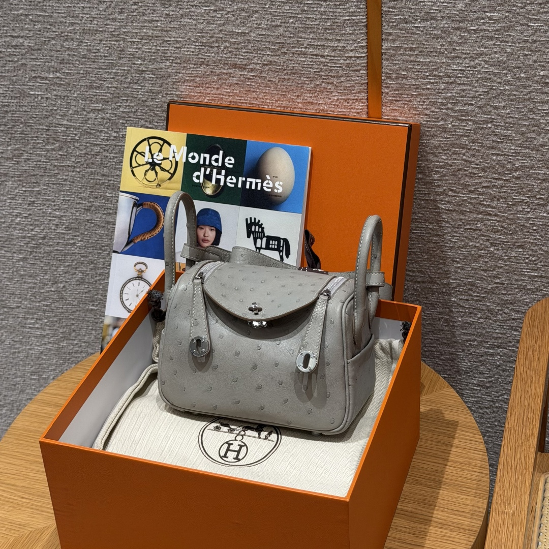 高仿Hermes*Lindy19系列H079086OS80珍珠灰鴕鳥皮銀扣純手工