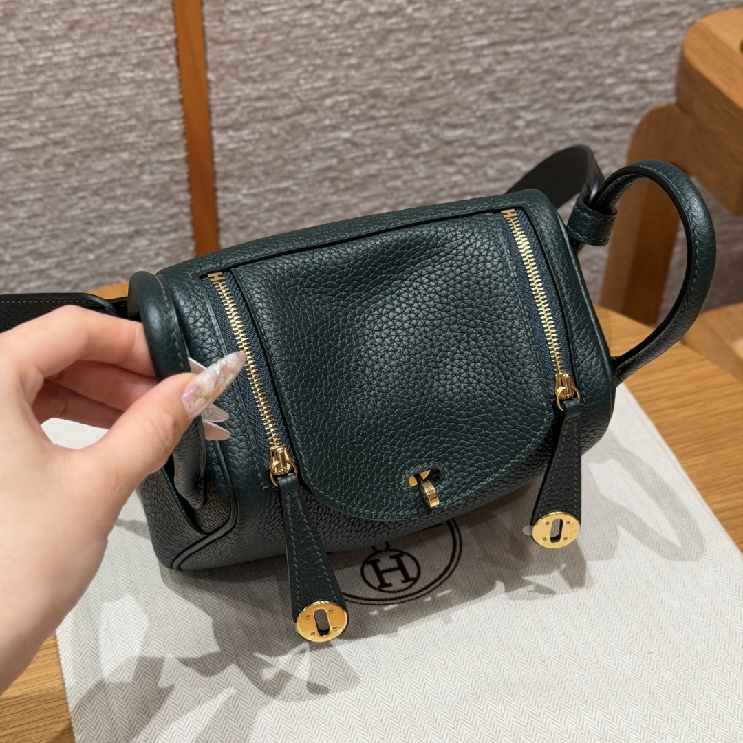高仿Hermes*Lindy19系列H079086TC67深綠色牛皮金扣純手工