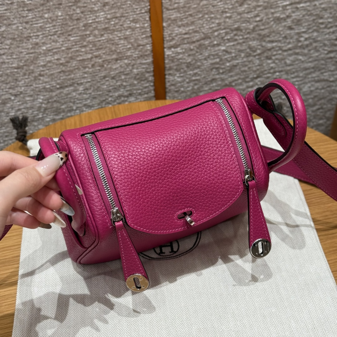 高仿Hermes*Lindy19系列H079086TCL3玫瑰紫牛皮銀扣純手工