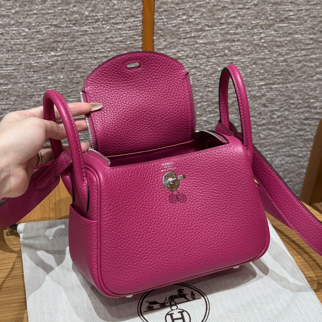 高仿Hermes*Lindy19系列H079086TCL3玫瑰紫牛皮銀扣純手工