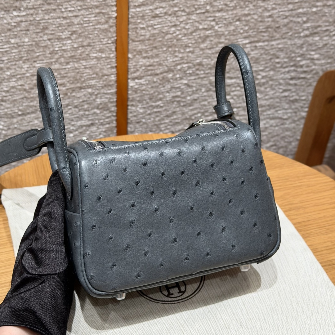 高仿Hermes*Lindy19系列H079086OS0L積雨雲灰鴕鳥皮銀扣純手工