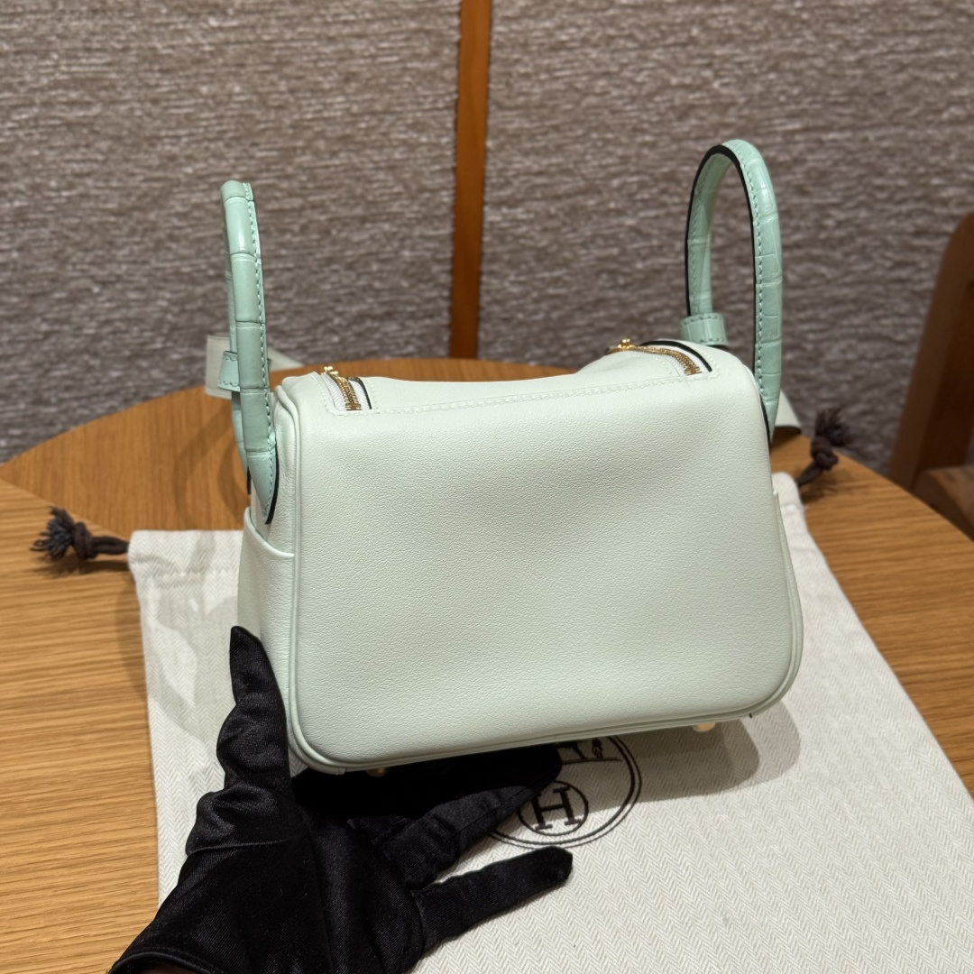 高仿Hermes*Lindy19系列H079086SWCMOZ6W氣泡綠拼薄荷綠牛皮鱷魚皮金扣純手工