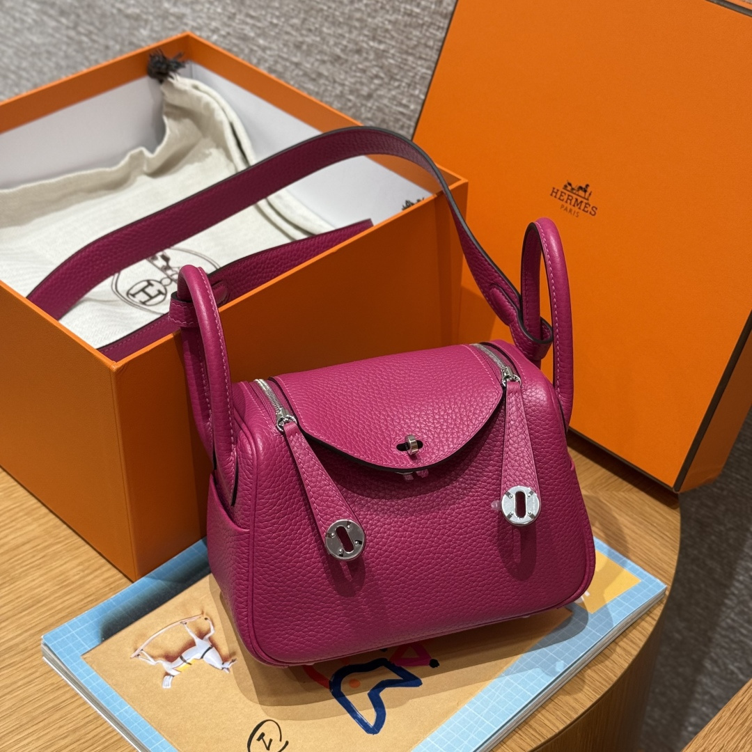 高仿Hermes*Lindy19系列H079086TCL3玫瑰紫牛皮銀扣純手工