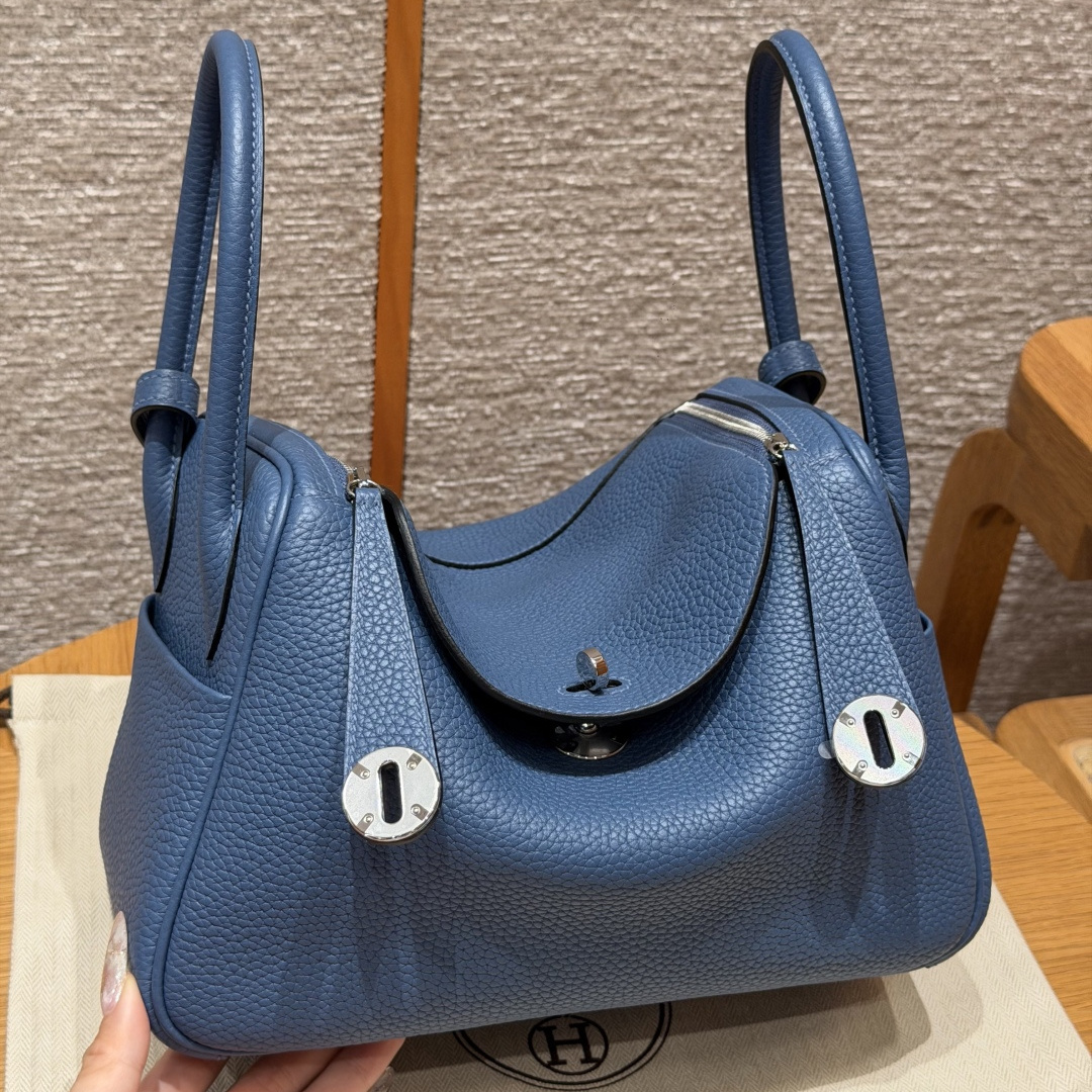 高仿Hermes*Lindy26系列H073428TCR2瑪瑙藍牛皮銀扣純手工