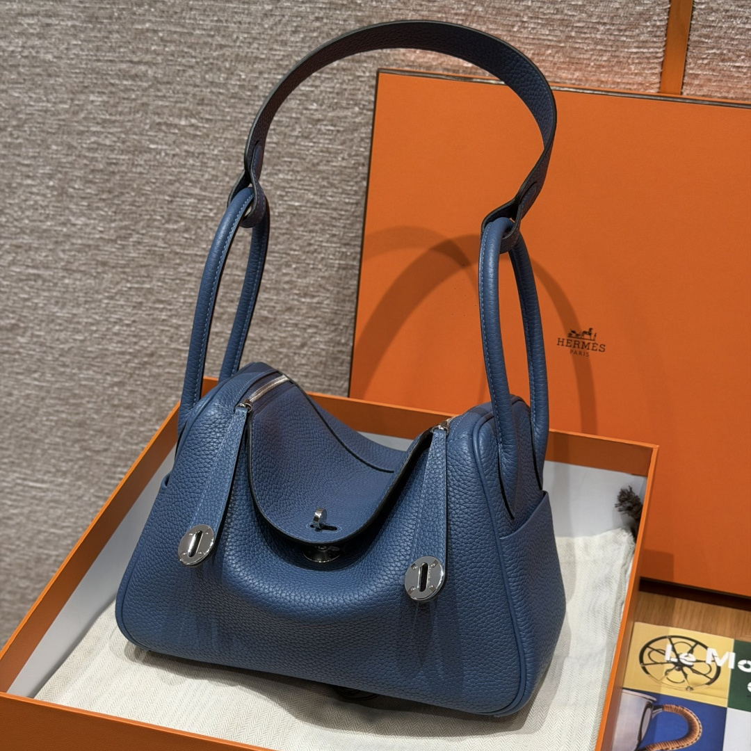 高仿Hermes*Lindy26系列H073428TCR2瑪瑙藍牛皮銀扣純手工