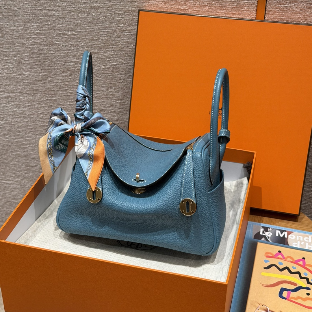 高仿Hermes*Lindy26系列H073428TC75牛仔藍牛皮金扣純手工