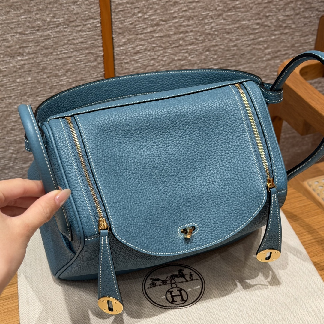 高仿Hermes*Lindy26系列H073428TC75牛仔藍牛皮金扣純手工