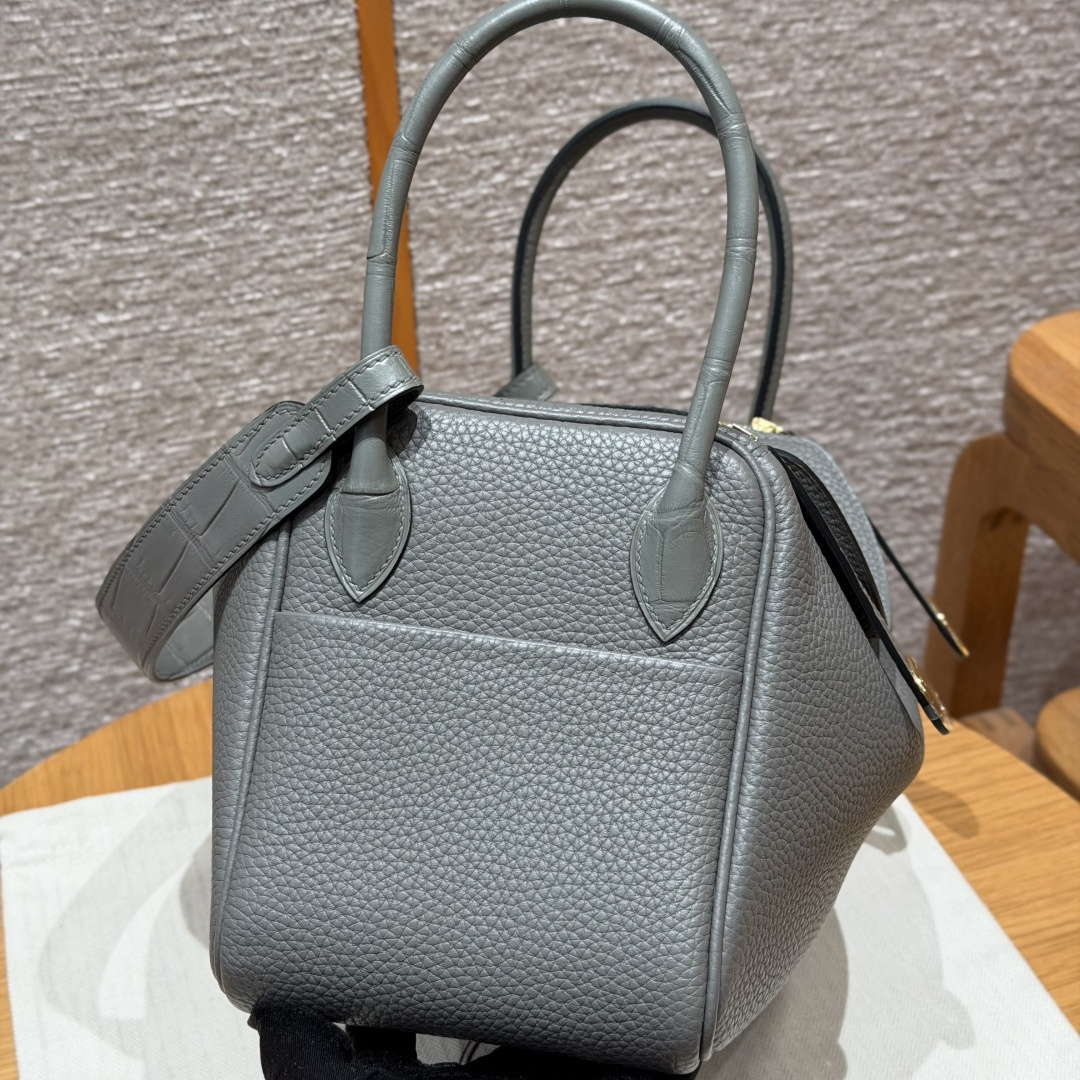 高仿Hermes*Lindy26系列H073428CM0L積雨雲灰牛皮拼鱷魚皮金扣純手工