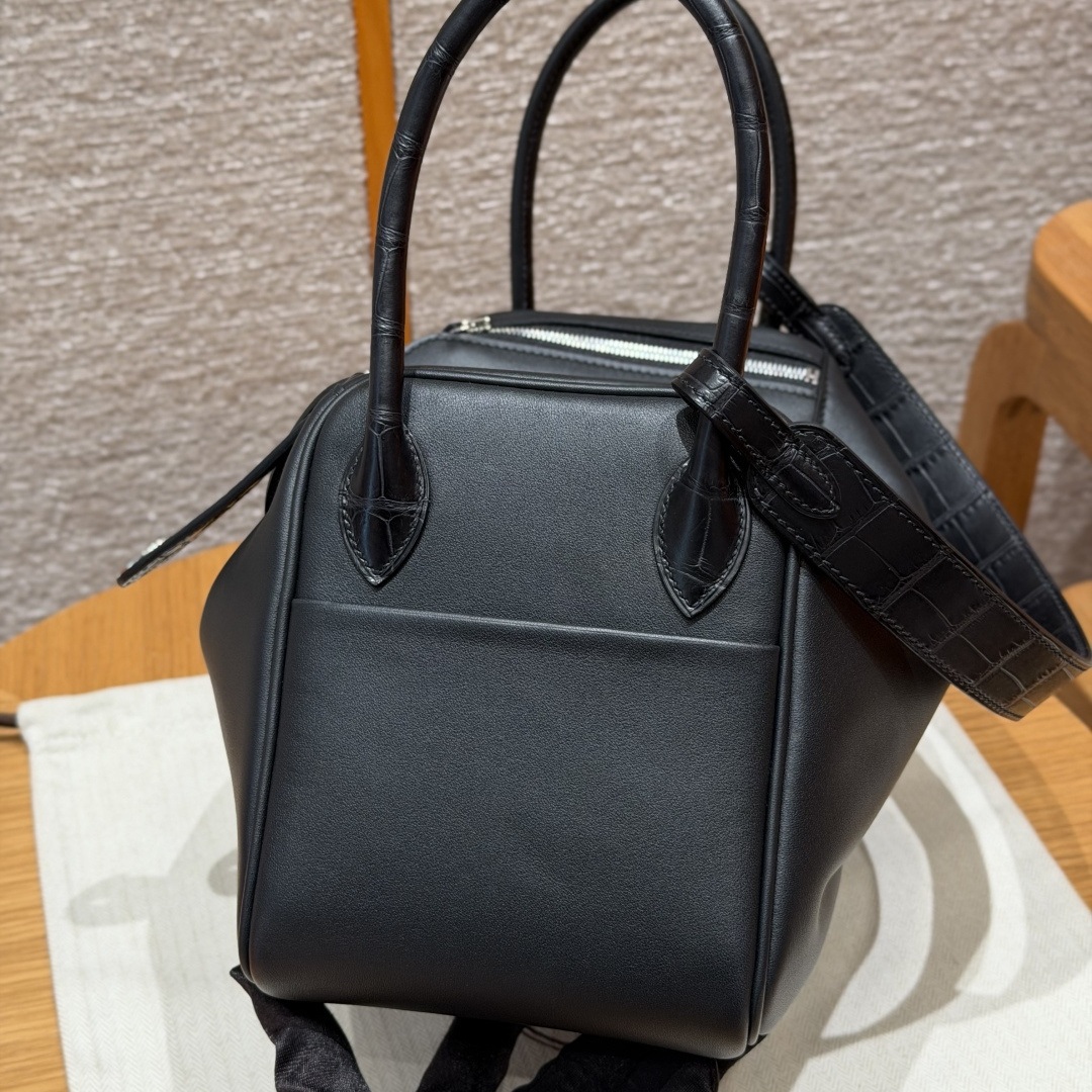 高仿Hermes*Lindy26系列H073428TCCM89黑色牛皮拼鱷魚皮銀扣純手工