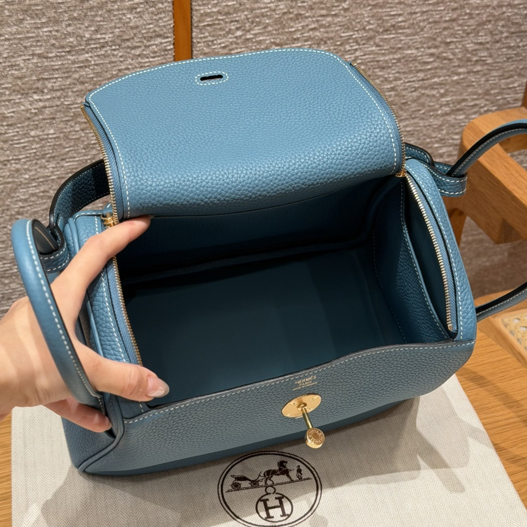 高仿Hermes*Lindy26系列H073428TC75牛仔藍牛皮金扣純手工