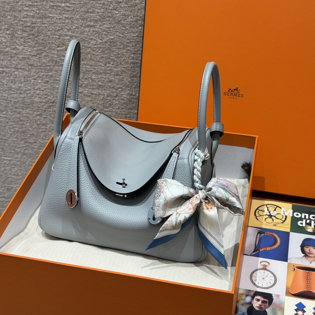 高仿Hermes*Lindy26系列H073428TCP0木偶灰牛皮銀扣純手工