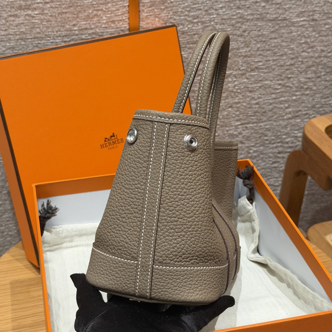 高仿Hermes*Garden Party23系列H08642218大象灰牛皮銀扣純手工