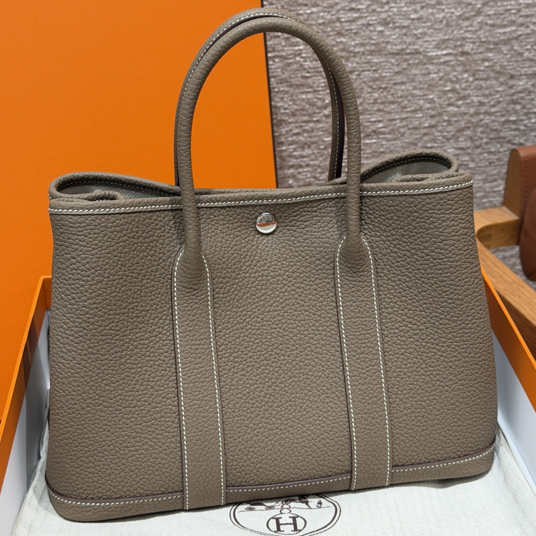 高仿Hermes*Garden Party30系列H05156818大象灰牛皮銀扣純手工