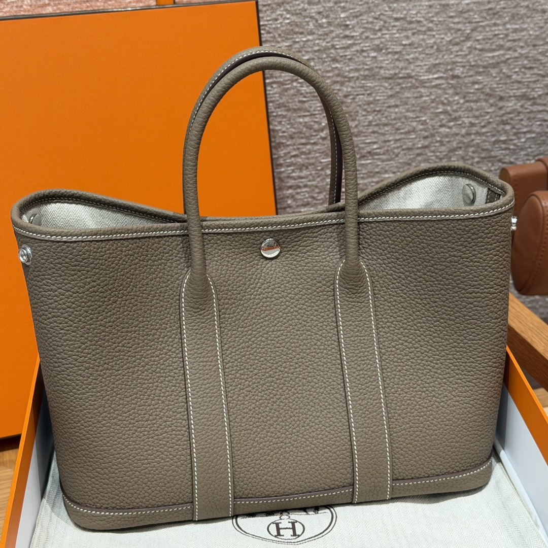 高仿Hermes*Garden Party30系列H05156818大象灰牛皮銀扣純手工