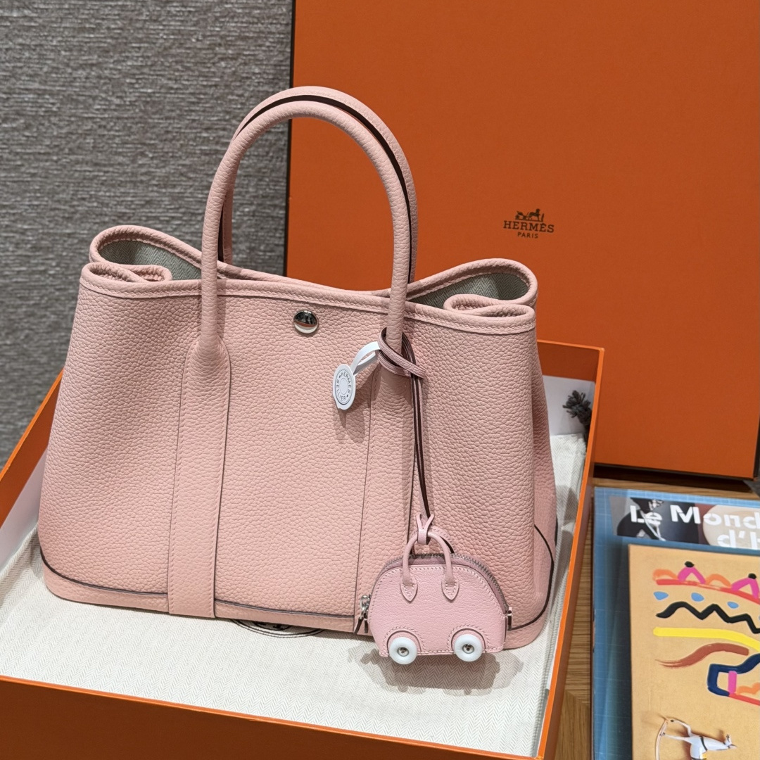 高仿Hermes*Garden Party30系列H0515683Q櫻花粉牛皮銀扣純手工