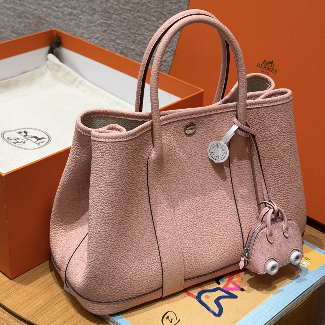 高仿Hermes*Garden Party30系列H0515683Q櫻花粉牛皮銀扣純手工