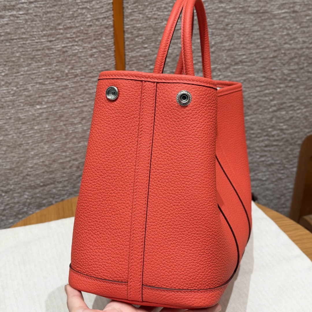高仿Hermes*Garden Party30系列H0515682R苟藥紅牛皮銀扣純手工