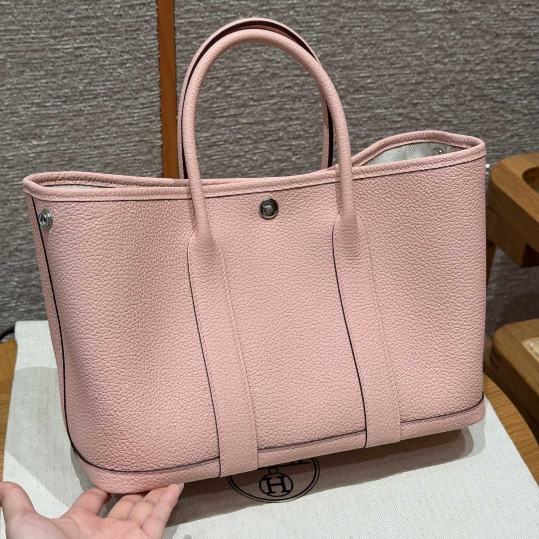 高仿Hermes*Garden Party30系列H0515683Q櫻花粉牛皮銀扣純手工