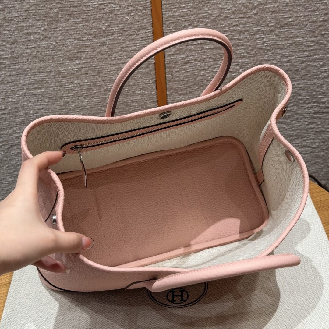 高仿Hermes*Garden Party30系列H0515683Q櫻花粉牛皮銀扣純手工
