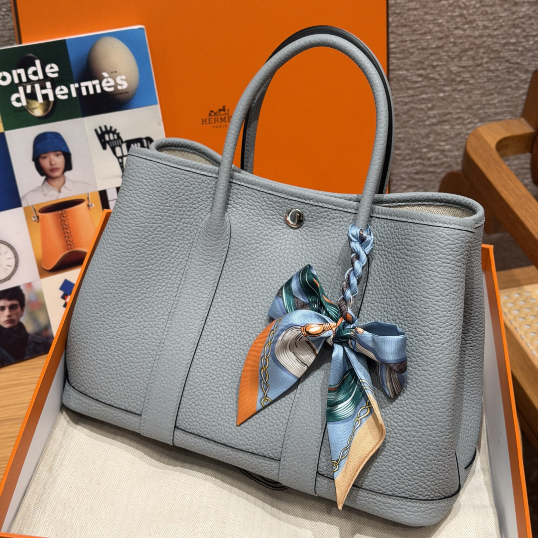 高仿Hermes*Garden Party30系列H051568P0木偶灰牛皮銀扣純手工