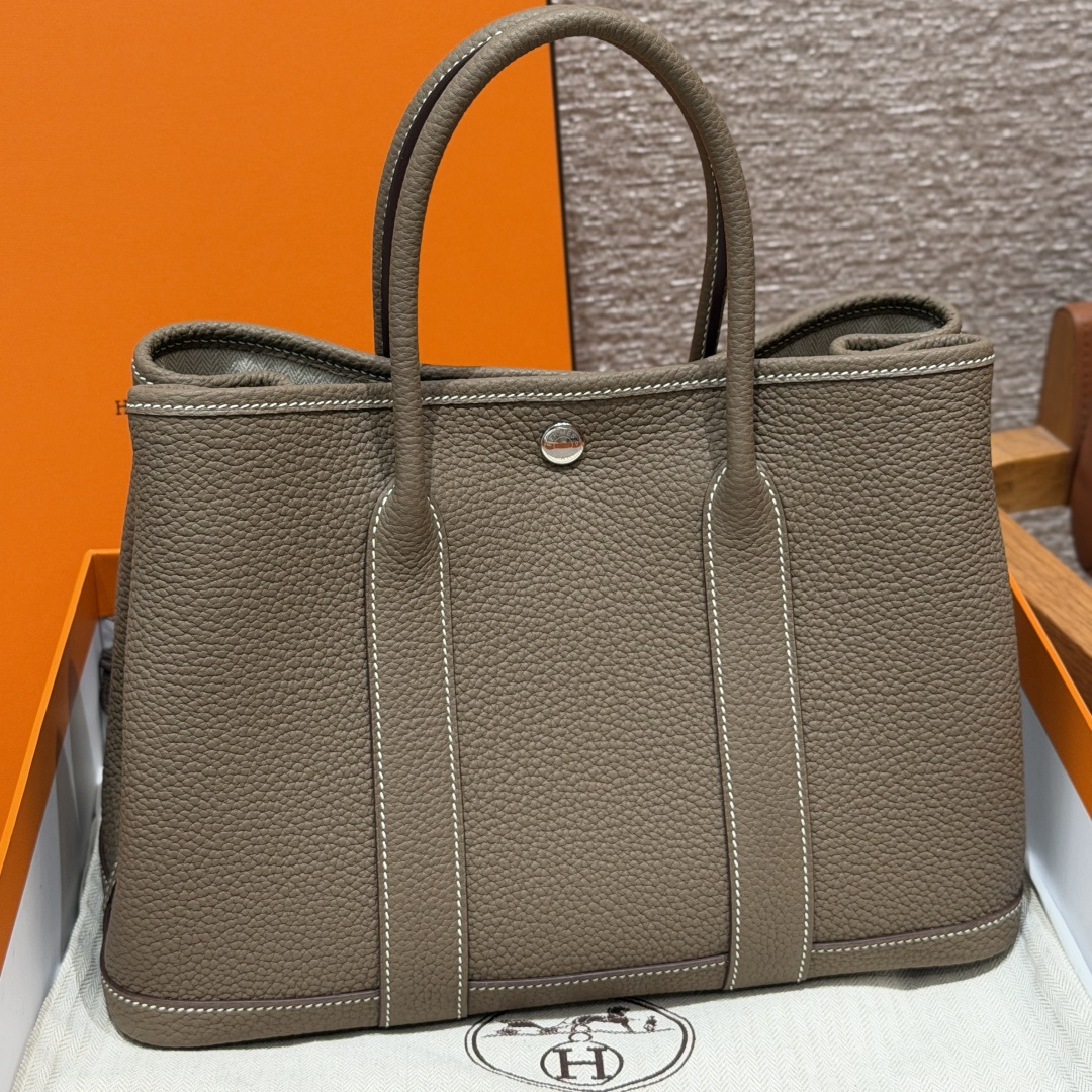 高仿Hermes*Garden Party30系列H05156818大象灰牛皮銀扣純手工