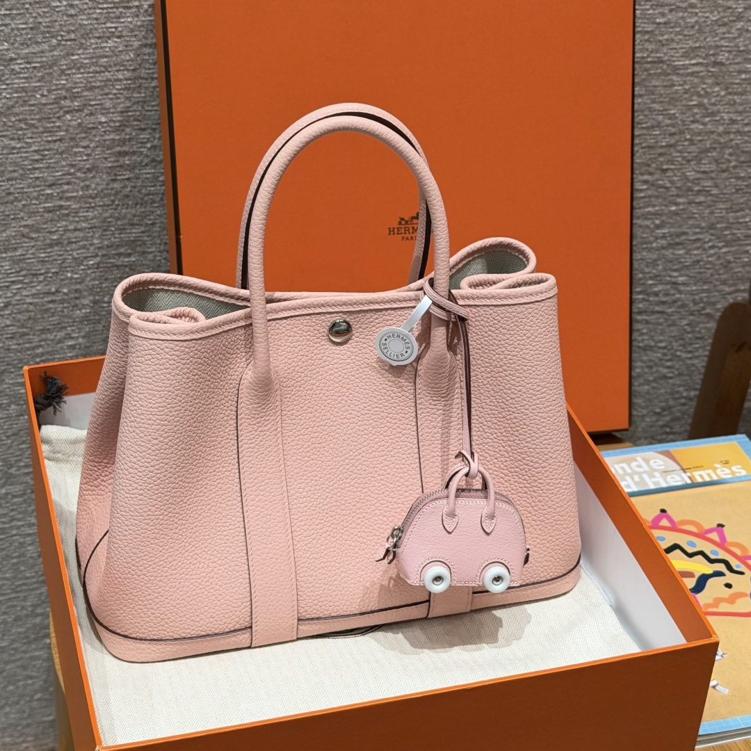 高仿Hermes*Garden Party30系列H0515683Q櫻花粉牛皮銀扣純手工