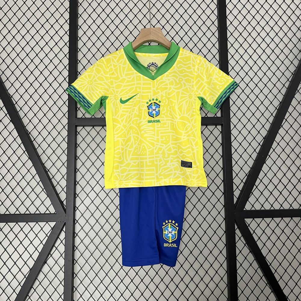 2024 Brazil Home Copa America Football Kids Kit Jersey+Shorts