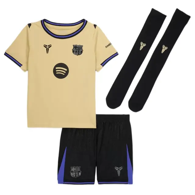 25-26 Barcelona Away Soccer Full Kids Kit Jersey+Shorts+Socks