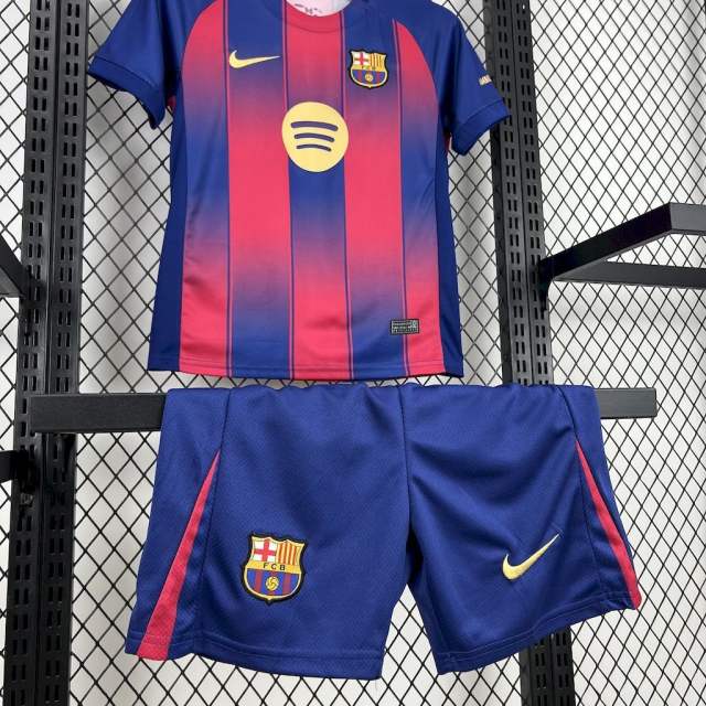 25-26 Barcelona Red Blue Home Soccer Kids Kit Jersey+Shorts