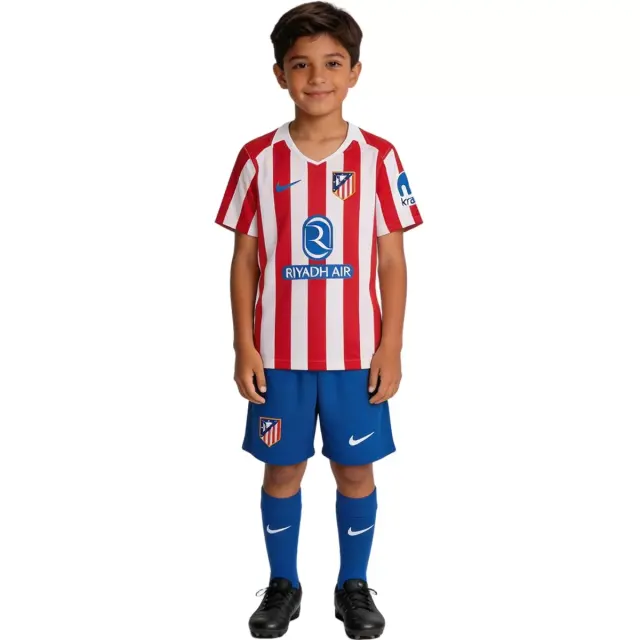 25-26 Atletico Madrid Home Soccer Full Kids Kit Jersey+Shorts