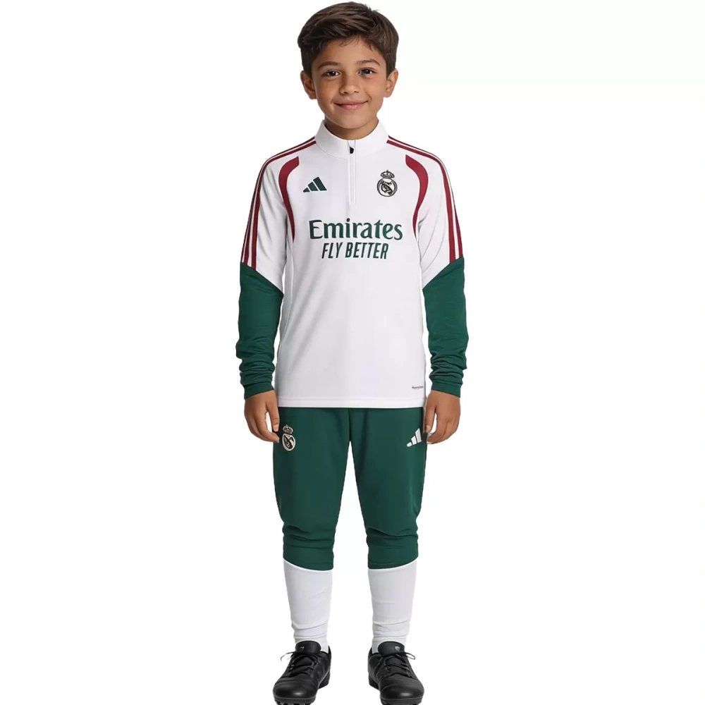 Kids Real Madrid 1/4 Zipper Sweat Kit(Top+Pants) White 2026/27