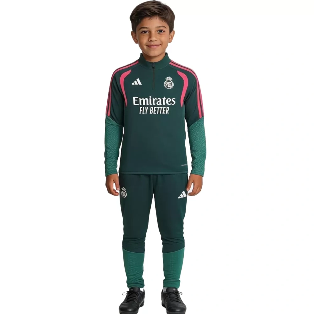 Kids Real Madrid 1/4 Zipper Sweat Kit(Top+Pants) Green 2026/27