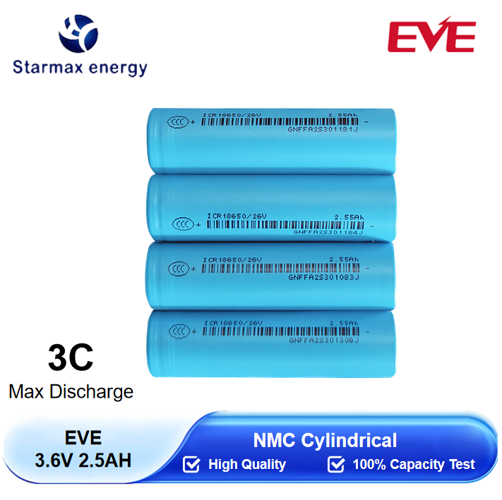 Starmax EVE 3.6V 2.5Ah ICR18650/26V NMC Cylindrical Battery,Llithium Ion Battery Manufacturers from China