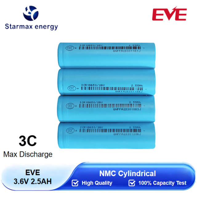 Starmax EVE 3.6V 2.5Ah ICR18650/26V NMC Cylindrical Battery,Llithium Ion Battery Manufacturers from China
