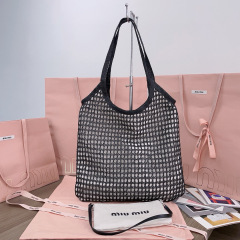 MIU MIU IVY Raffia-effect and Linen Bag
