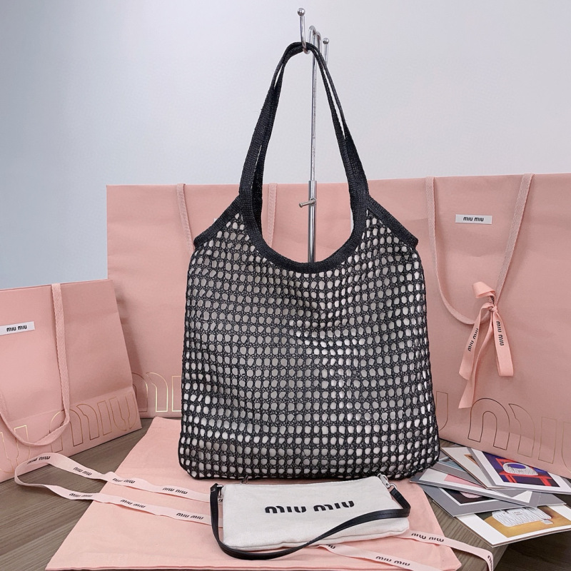 MIU MIU IVY Raffia-effect and Linen Bag