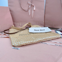 MIU MIU IVY Raffia-effect and Linen Bag