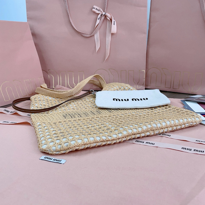 MIU MIU IVY Raffia-effect and Linen Bag