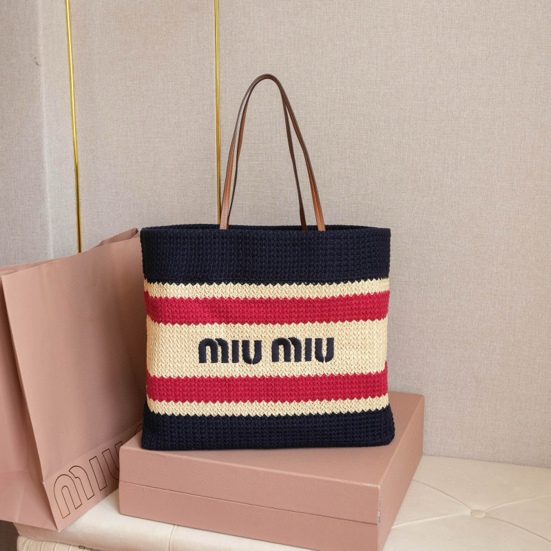 MIU MIU Raffia-effect Woven Tote Bag