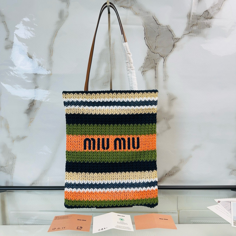 MIU MIU Raffia-effect Woven Tote Bag
