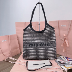 MIU MIU IVY Raffia-effect and Linen Bag