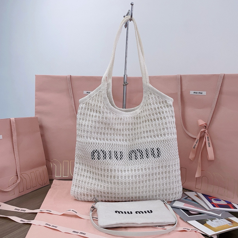 MIU MIU IVY Raffia-effect and Linen Bag