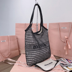 MIU MIU IVY Raffia-effect and Linen Bag