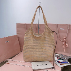 MIU MIU IVY Raffia-effect and Linen Bag