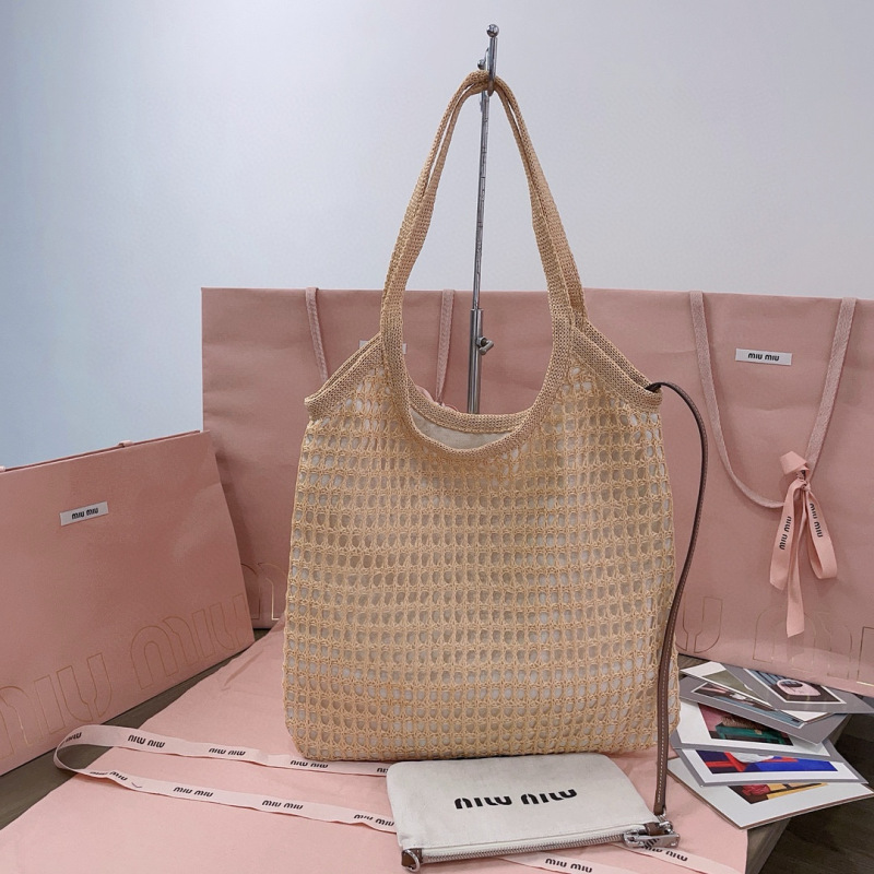 MIU MIU IVY Raffia-effect and Linen Bag