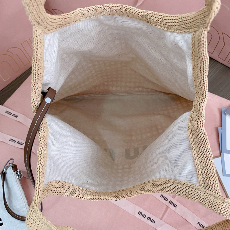 MIU MIU IVY Raffia-effect and Linen Bag