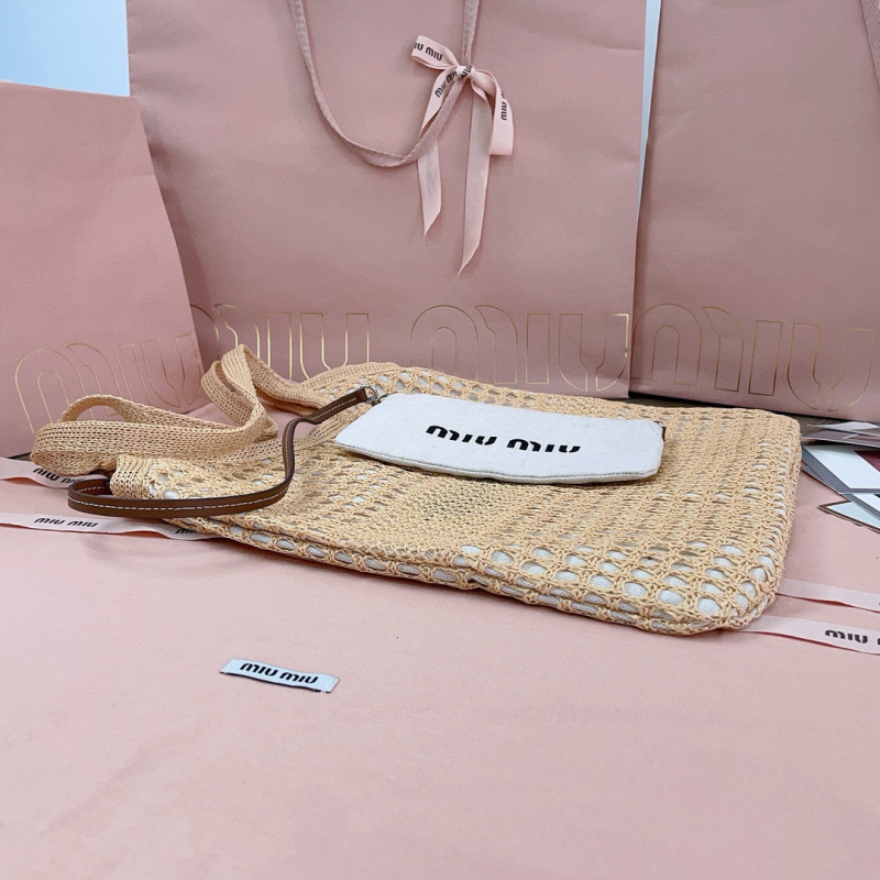 MIU MIU IVY Raffia-effect and Linen Bag
