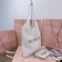 MIU MIU IVY Raffia-effect and Linen Bag