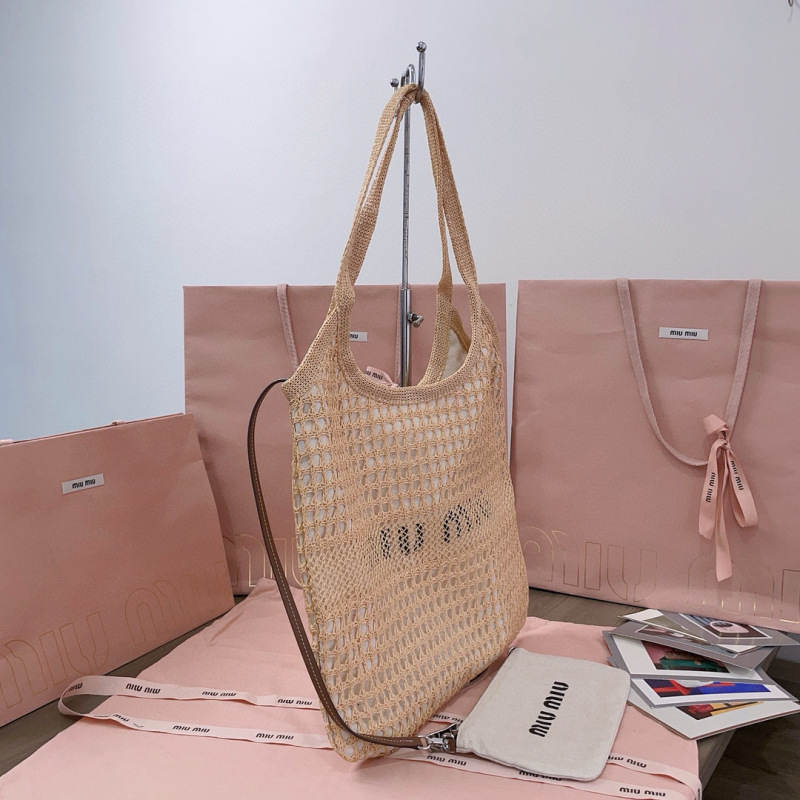 MIU MIU IVY Raffia-effect and Linen Bag