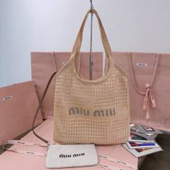 MIU MIU IVY Raffia-effect and Linen Bag
